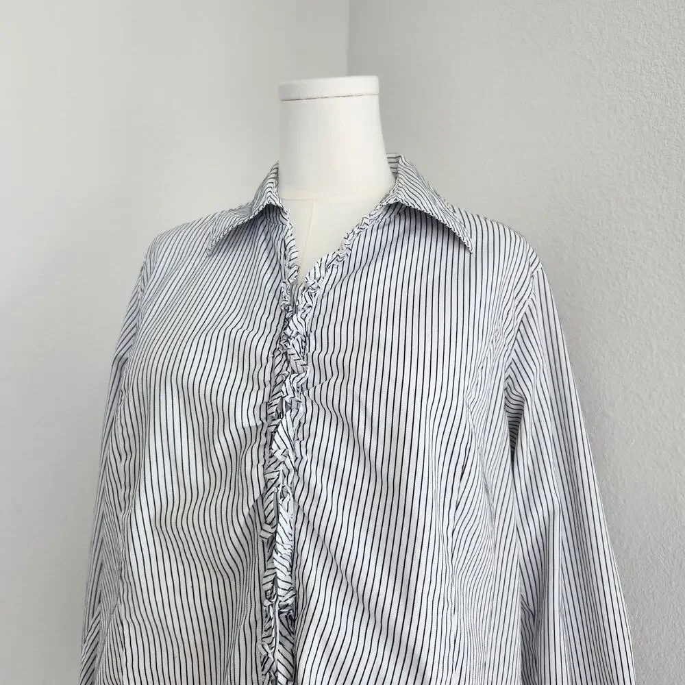 Vintage Y2K White Blue Striped Ruffle Button Down Long Sleeve Shirt Talbots L XL